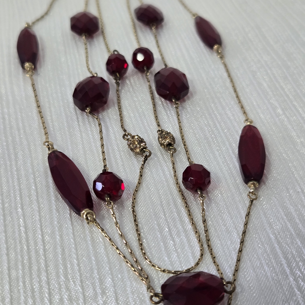 Avon Gold Chain Necklace with Deep Red Beads